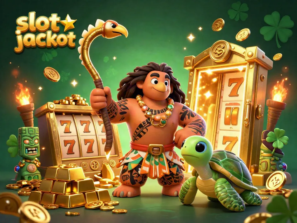 Experience thrilling slot jackpot excitement with a vibrant 3D illustration of a demigod and turtle.