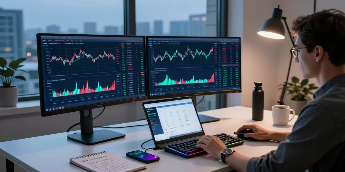 Oklo stock trading in a dynamic cryptocurrency exchange setup featuring monitors with price charts and market data.