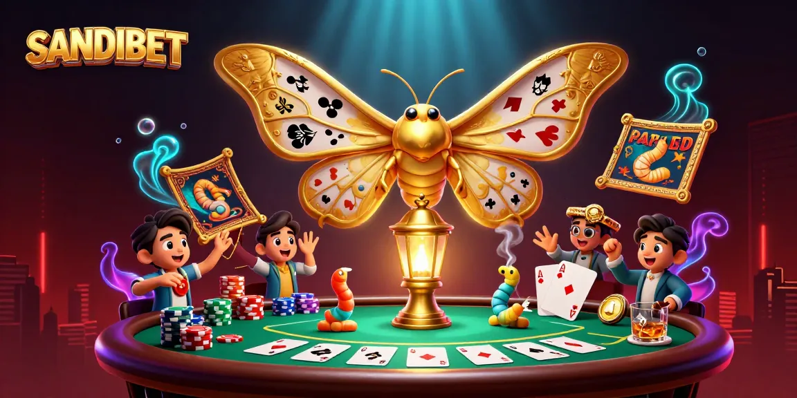 SANDIBET showcases a vivid online gaming scene with a casino moth illustration and poker elements.