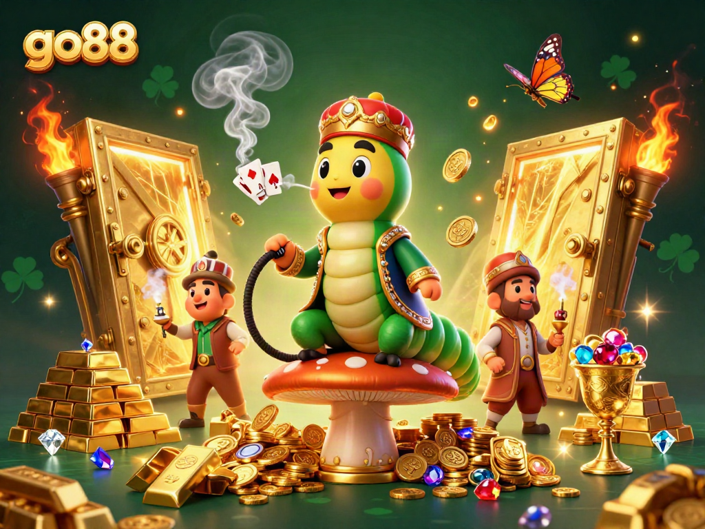 Engage with go88's thrilling casino scene featuring a master caterpillar, treasure, and dynamic gaming elements.