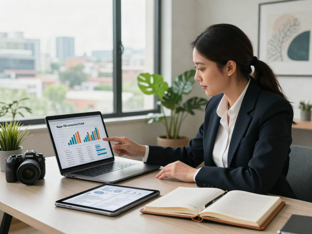 Real estate agent analyzing depo 10k trends in a modern office setup.