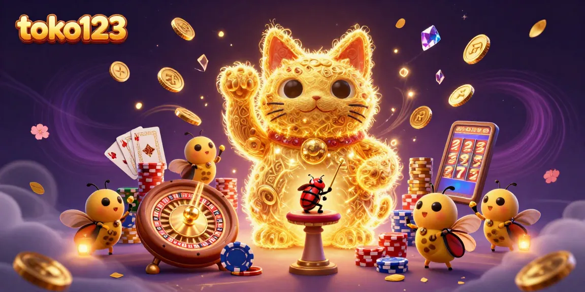 Win with toko123 at the dynamic casino scene featuring a lucky cat, coins, and cards.