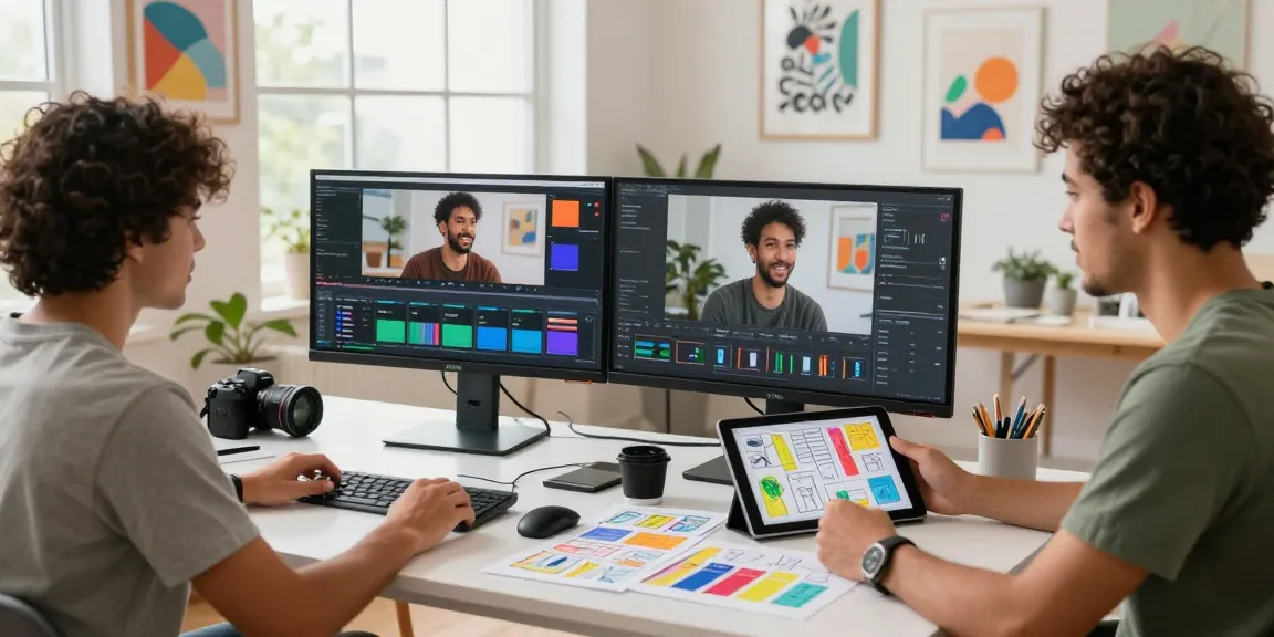 Content creators using seedance 2.0 in a dynamic workspace, showcasing vibrant video production collaboration.