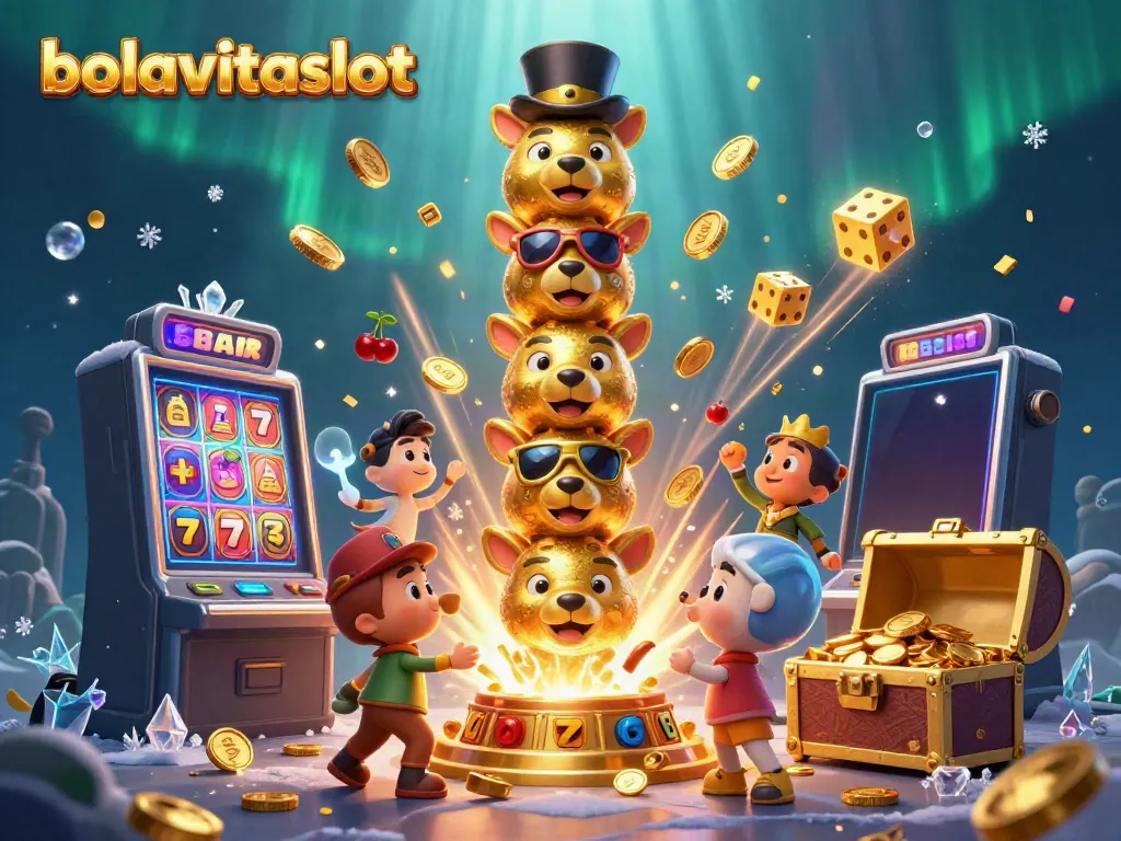 Experience the excitement of bolavitaslot with a vibrant slot machine bursting with coins and animated characters.
