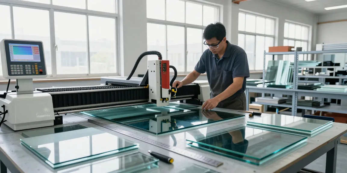 Technician operating a glass cutting table in an industrial workshop showcasing precision glass processing.