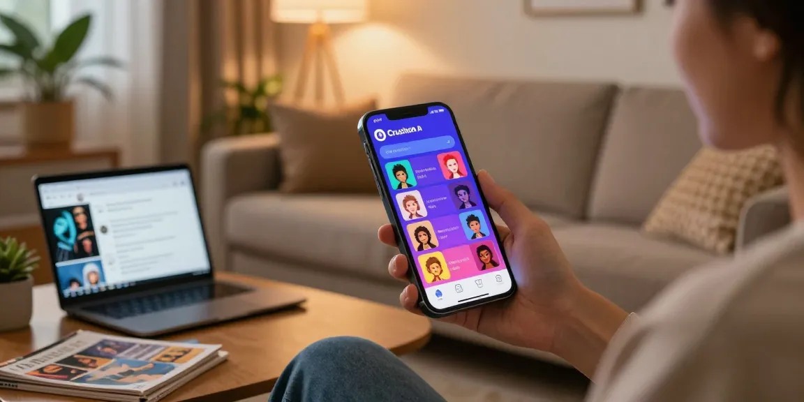 Engaging with Crushon AI on smartphone in cozy living room setting