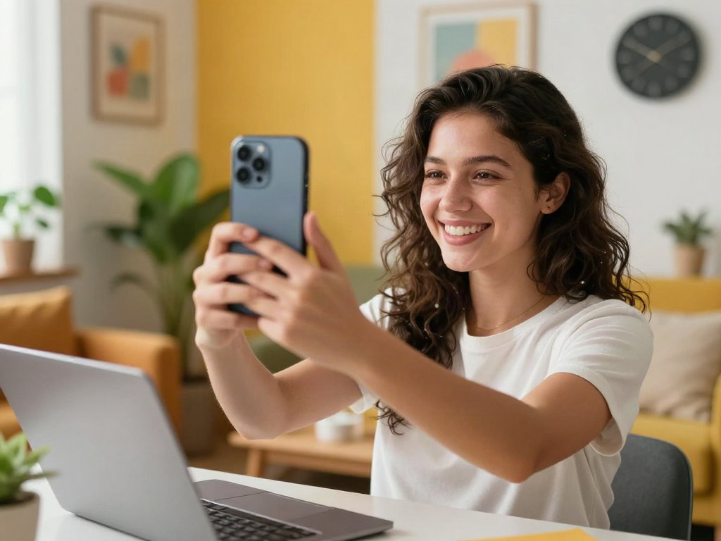 Young woman taking a selfie pondering how old do I look in a bright and cozy living room.