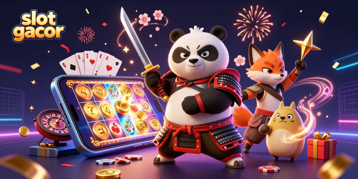 Engage with slot gacor action featuring a dynamic scene of samurai panda and ninja fox amidst festive casino elements.