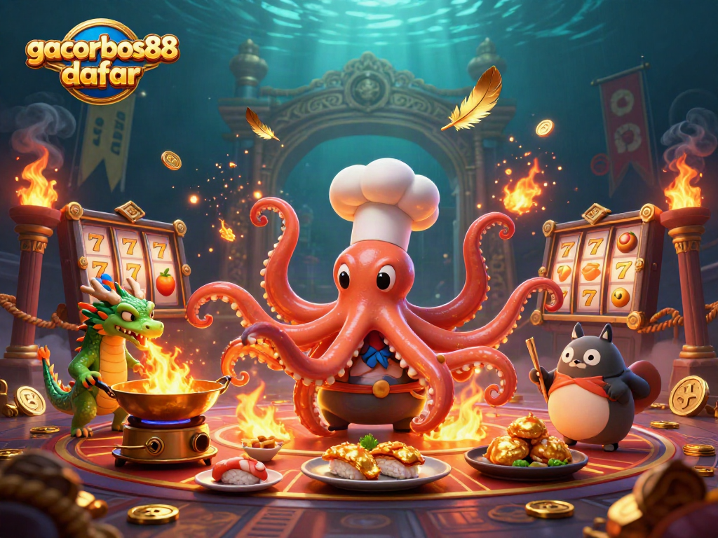 Engaging features of gacorbos88 daftar including an octopus chef and slot machines.