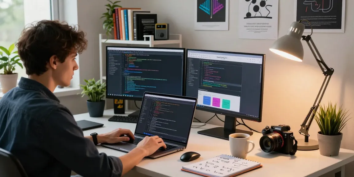 Programmer engaged in coding telegraimin.com with multiple screens in a vibrant workspace
