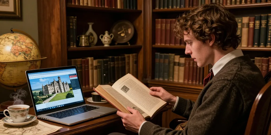 Engaged reader exploring Tynte's Castle history on NAGA2000, cozy library setting.