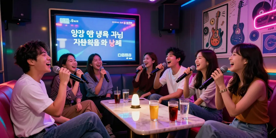 Karaoke enthusiasts enjoying a lively 강남노래방 experience with vibrant neon lights and a fun atmosphere.