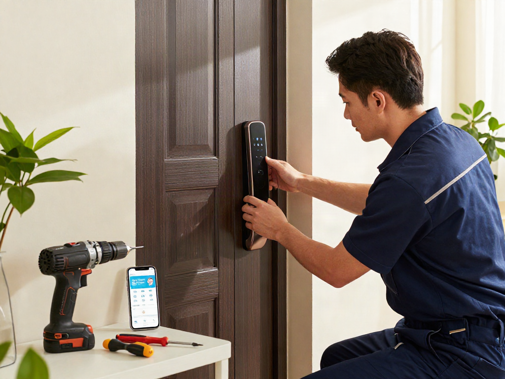 Technician installing قفل هوشمند on a stylish front door, enhancing home security.