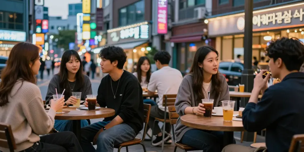 강남오피에서 젊은 성인들이 트렌디한 카페에서 소통하는 모습.