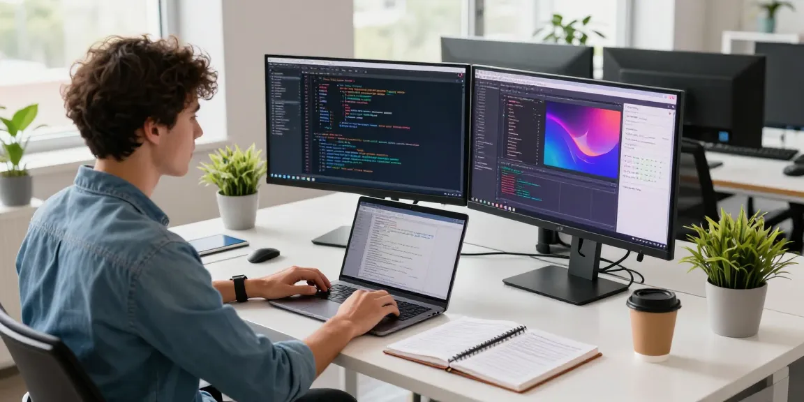 Engaging workspace for coding and development featuring 纸飞机中文版 on dual monitors in a bright office