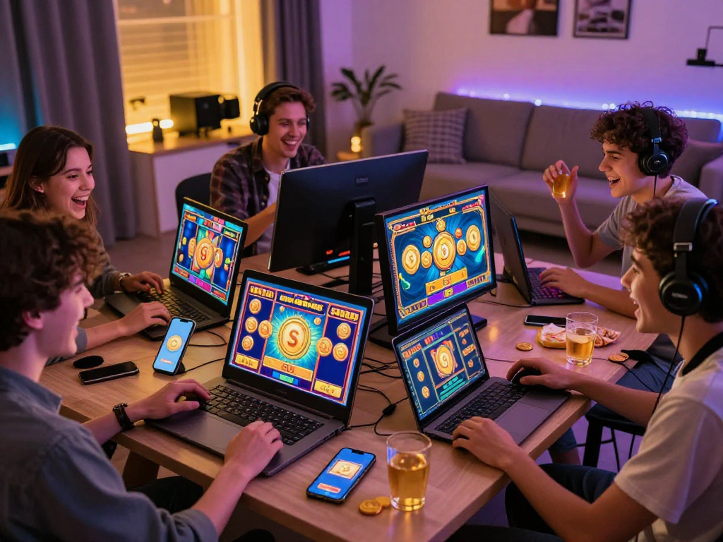 Engaged players enjoying bandar slot gacor on vibrant screens in a cozy gaming setup.