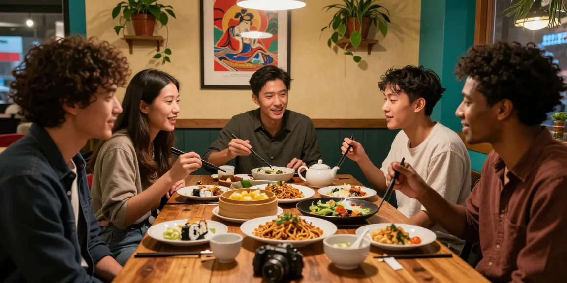 Friends enjoying Asian cuisine at a cozy café, celebrating culture through food at https://hanadultalk.com.