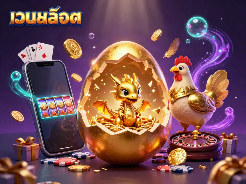 Experience the excitement of เว็บสล็อต with golden dragon, poker chips, and vibrant gaming elements.