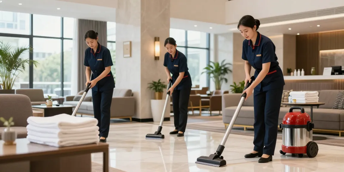 Professionelle Hotelreinigung im Lobbybereich mit Reinigungspersonal und freundlicher Atmosphäre.