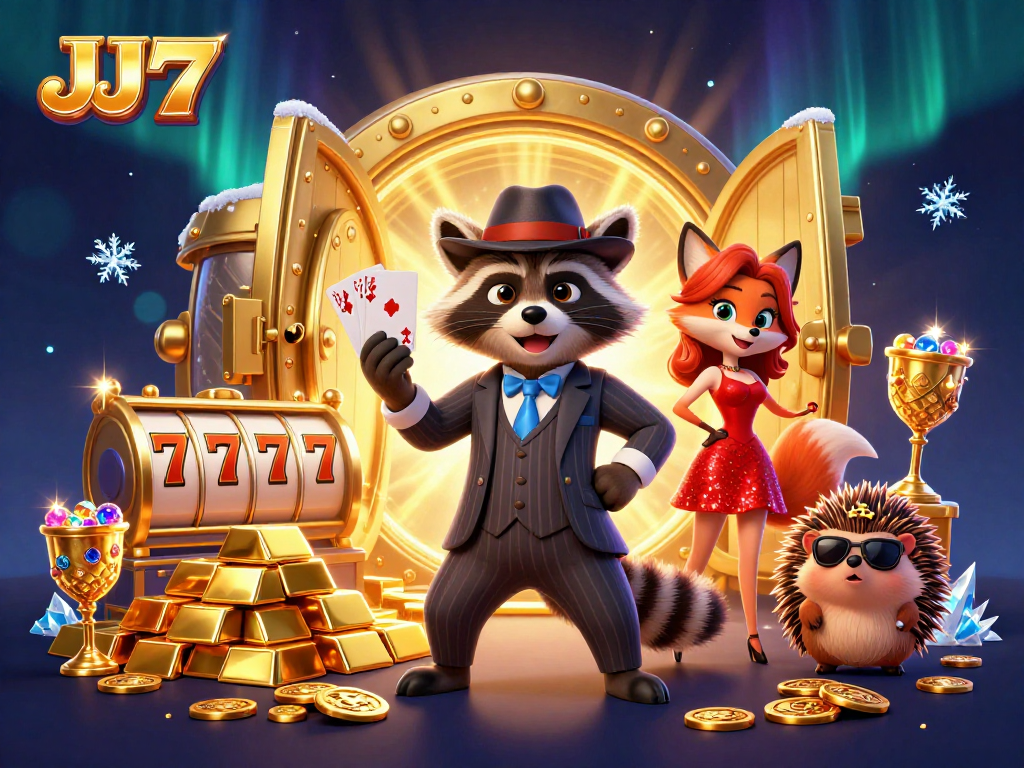 Experience JJ77's thrilling slots action with a charming raccoon and a fox in this vibrant casino illustration.