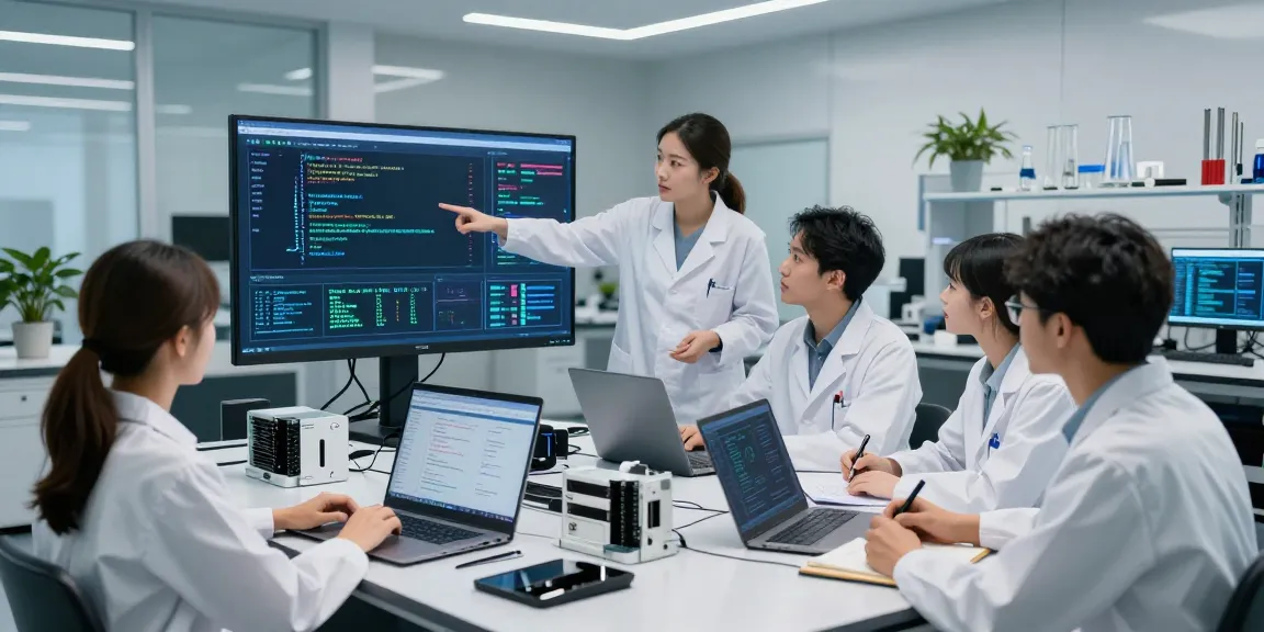 AI Detection teamwork in a modern lab with digital metrics and data scientists collaborating effectively.