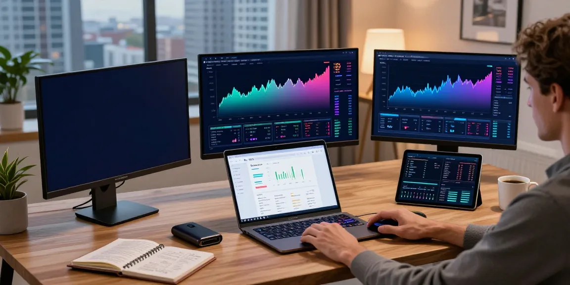 Real-time cryptocurrency trading workspace highlighting 实时报价API use with innovative tech setup, including monitors and DeFi platform, promoting trading insights.