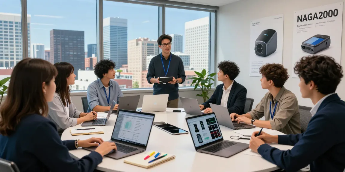 Professional team exploring the innovative features of the NAGA2000 device in a modern office.