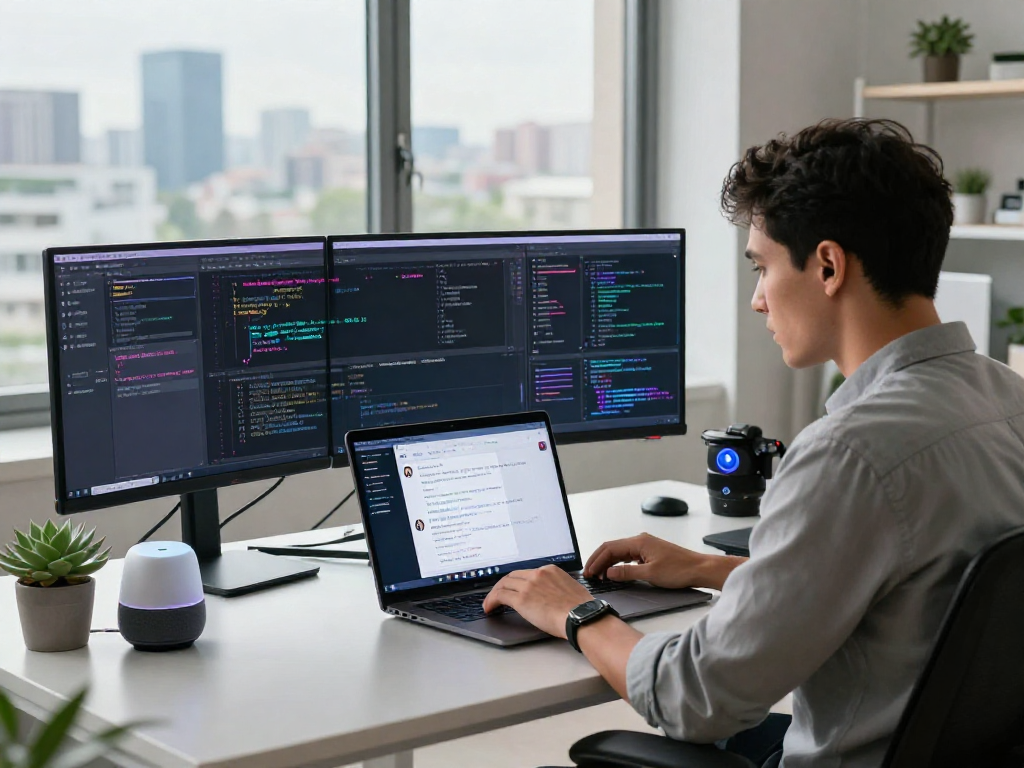 AI gf in a modern tech workspace with virtual assistant interactions and data visualizations.