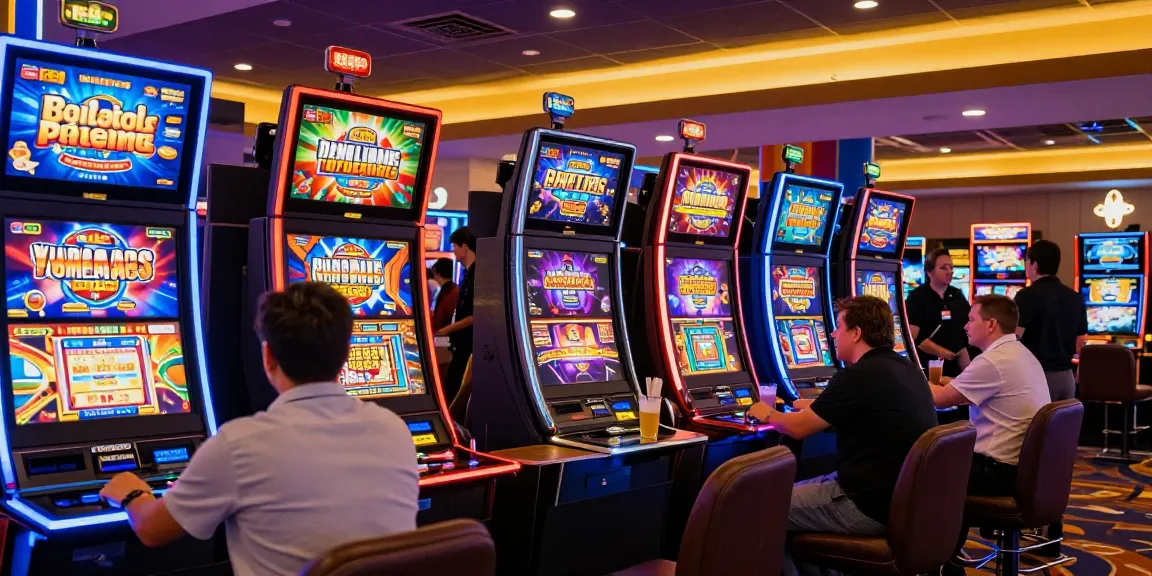 Pengunjung bermain slot di kasino yang penuh warna dan meriah dengan mesin slot beragam tema.