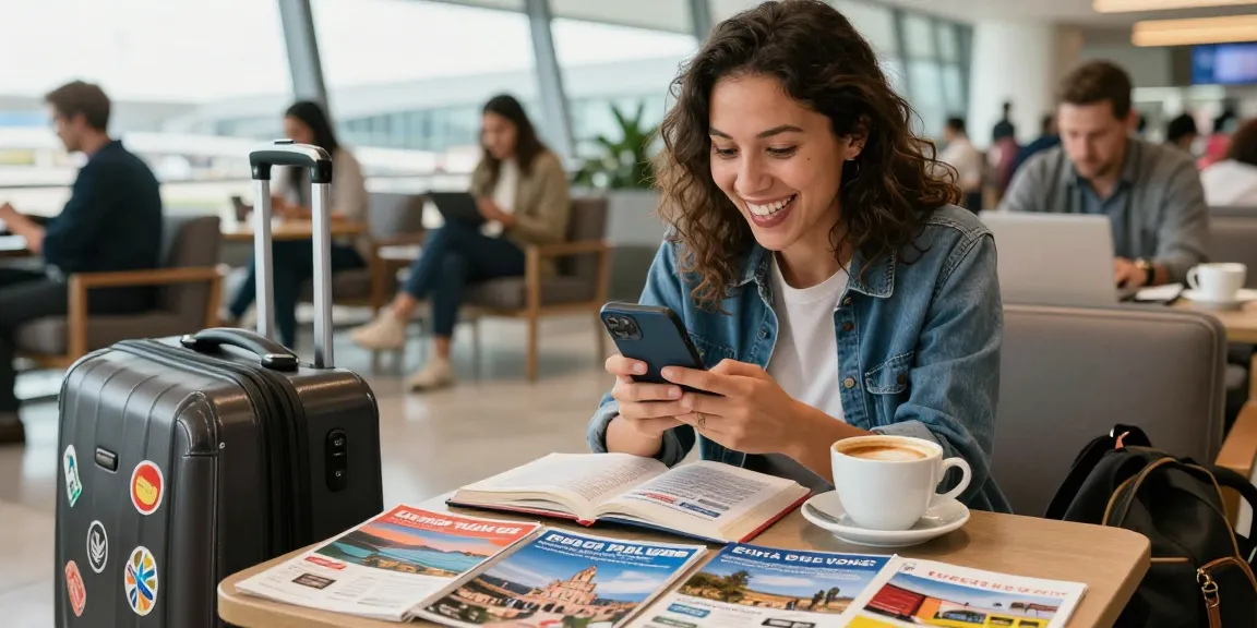Traveler comparing esim coupon codes at the airport lounge with travel guides and coffee.
