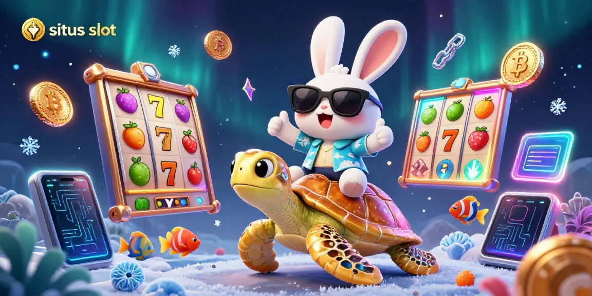 Engage with situs slot action in a vibrant 3D scene showcasing a lucky rabbit and golden sea turtle.