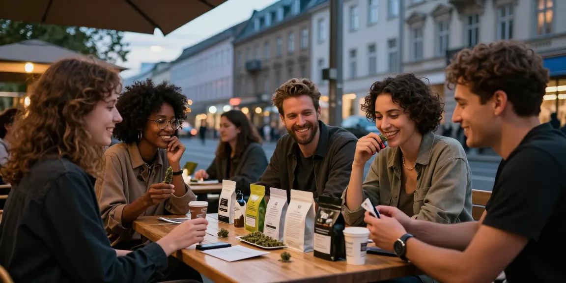 Where Can I Buy High-Potent Weed In Berlin? Friends enjoying high-quality cannabis products in a vibrant Berlin street setting.