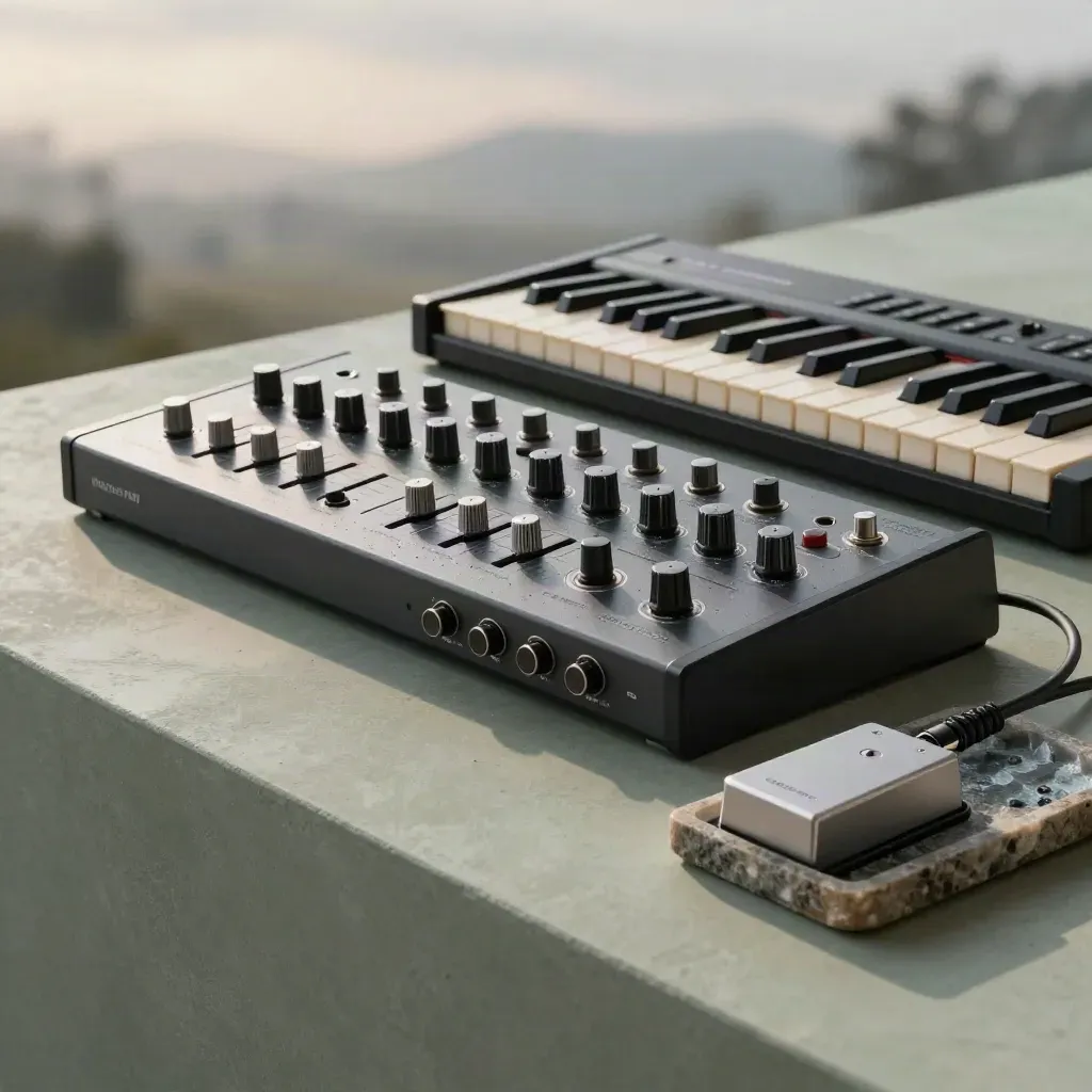 Close synth module hero with MIDI keyboard, coiled cables and pedal on sage concrete.