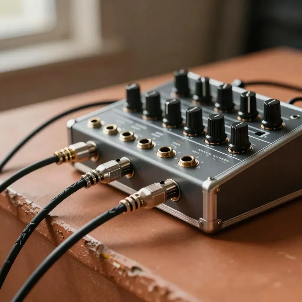 Macro of patch cables, synth patch bay, and aluminum case on terracotta clay