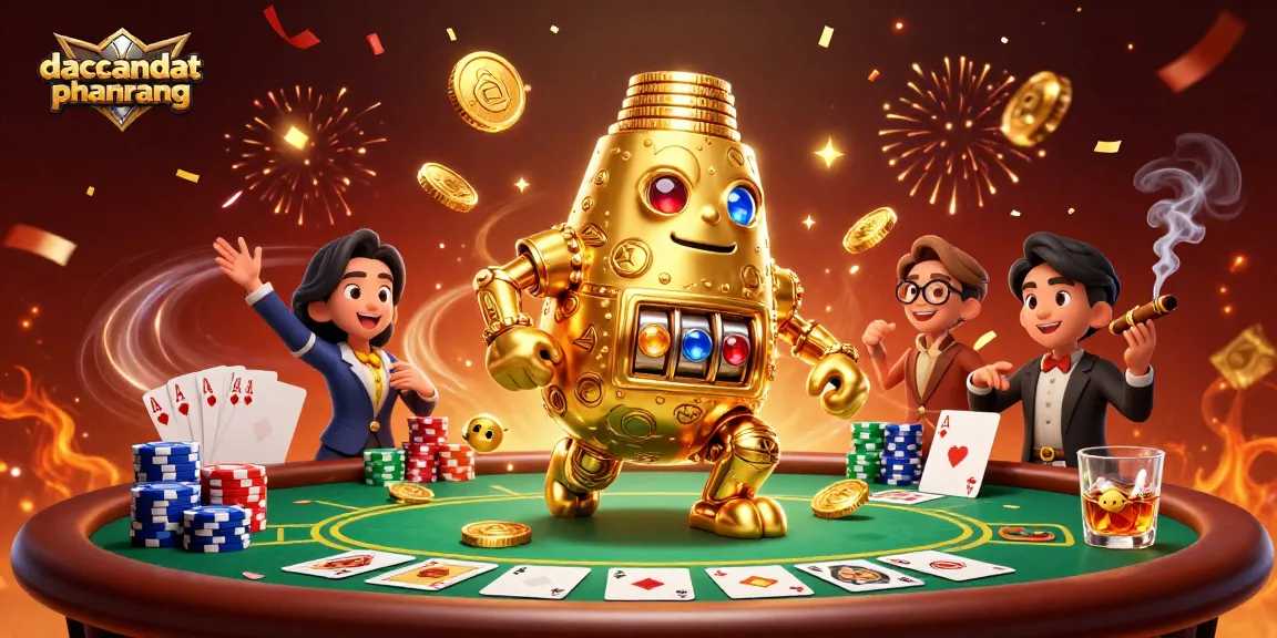 Experience gaming thrills with dacsandatphanrang featuring a golden golem, poker tables, and vibrant casino elements.