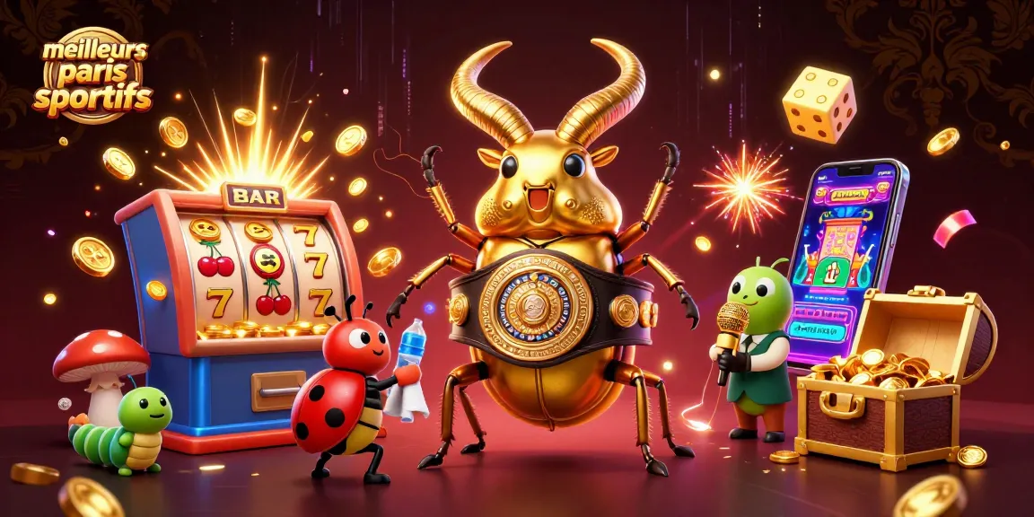 Découvrez les meilleurs sites de paris sportifs dans une scène dynamique avec un scarabée boxeur et des éléments de casino.