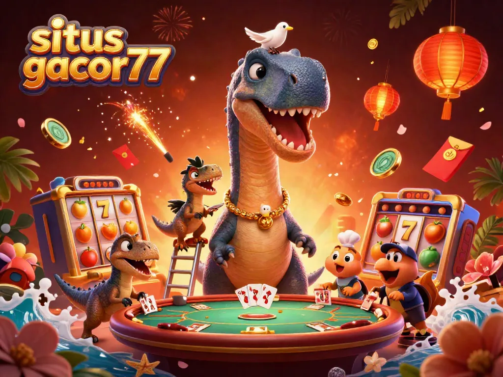 Situs gacor77 menampilkan brontosaurus kartun raksasa di kasino dengan slot dan elemen keberuntungan