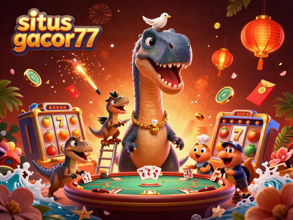 Situs gacor77 menampilkan brontosaurus kartun raksasa di kasino dengan slot dan elemen keberuntungan