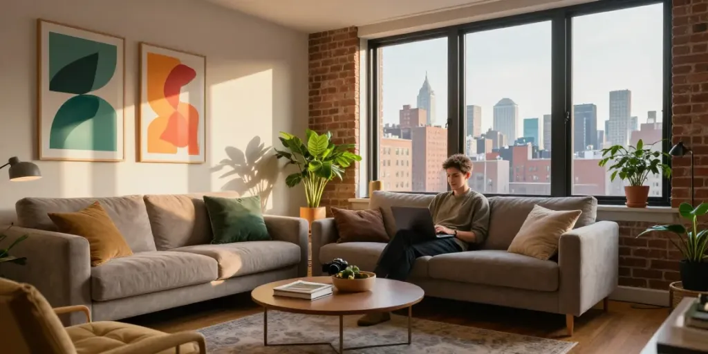 Furnished apartments Boston living room with city skyline view, stylish decor.