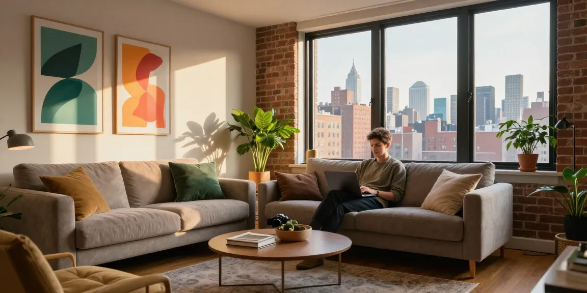 Furnished apartments Boston living room with city skyline view, stylish decor.