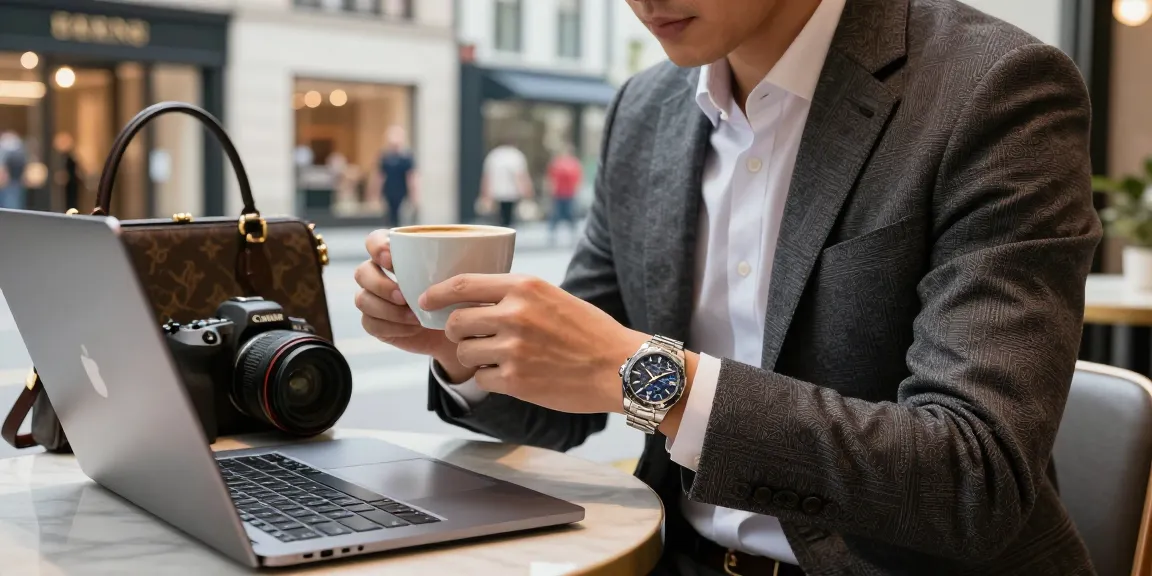 Admiring a sophisticated replica watch in a stylish café setting.