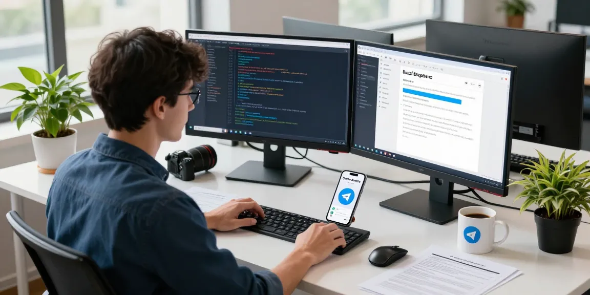 Young professional troubleshooting telegram china help center in a modern workspace with dual monitors and tech equipment.