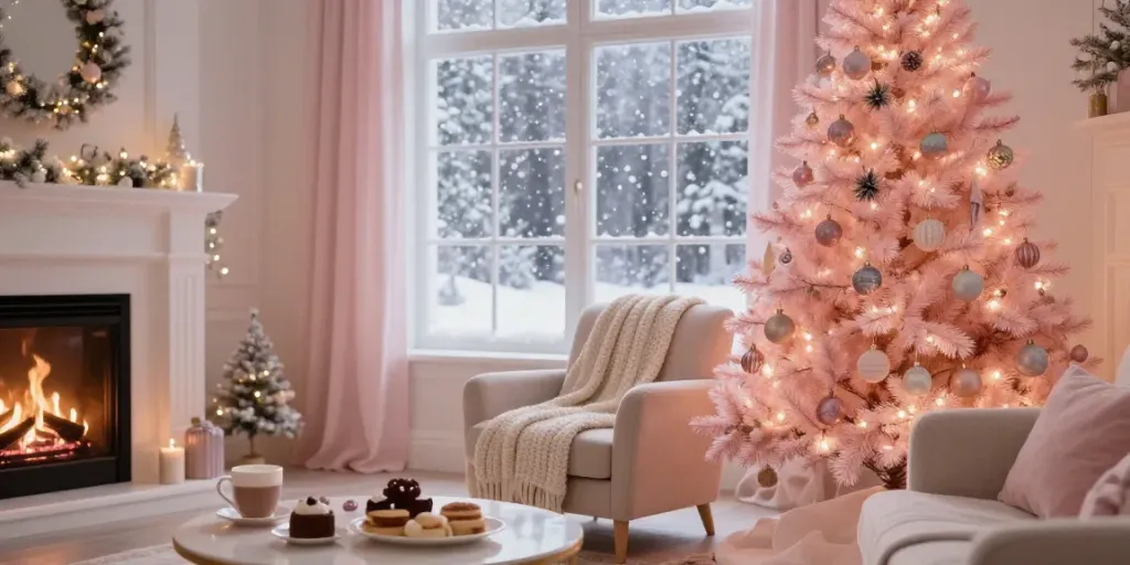 Beautiful light pink Christmas tree adorned with ornaments, cozy festive setting.