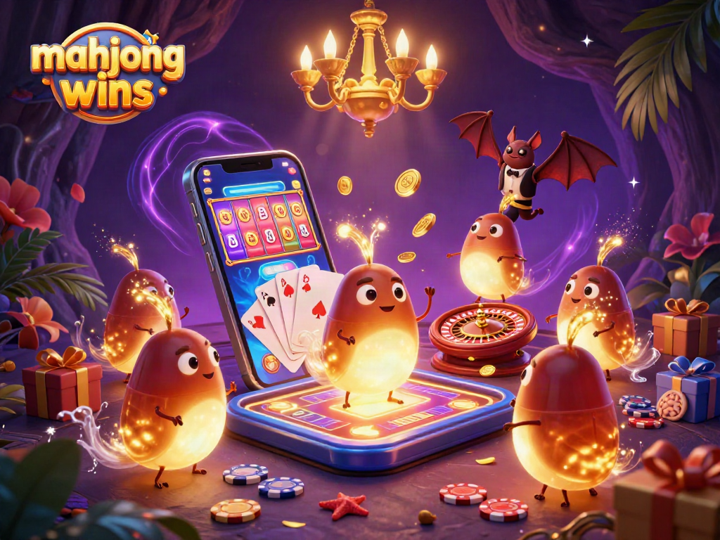 Experience mahjong wins in a vibrant casino scene illuminated by glowworms and rich gaming elements.