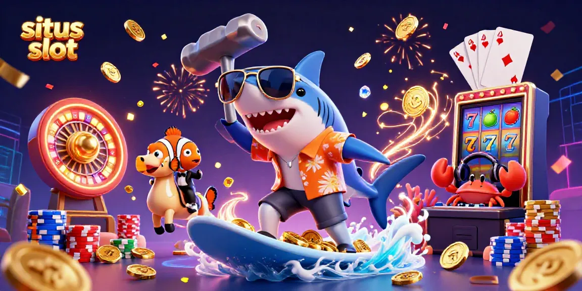 Experience the excitement of situs slot with vibrant 3D characters and slot symbols amid celebratory confetti.