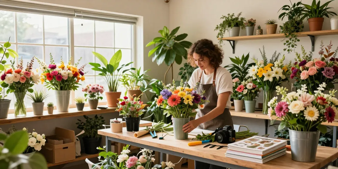 Floral designer at work with beautiful flowers in MODALWD exhibit in bright shop.