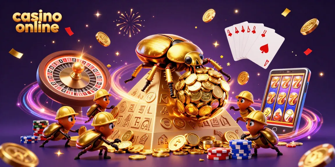 Joacă la casino online cu un gândac de bălegar aurit care rulează un ghem de monede aurii pe o piramidă.