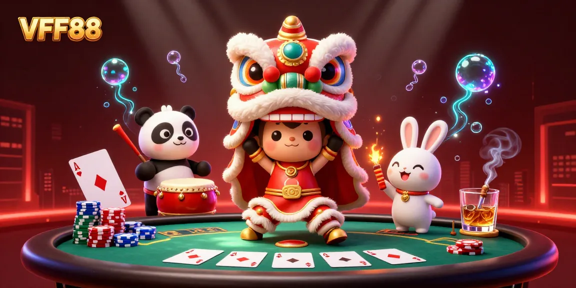 Engage with VFF88's vibrant casino culture featuring a lion dance, poker elements, and festive decor.