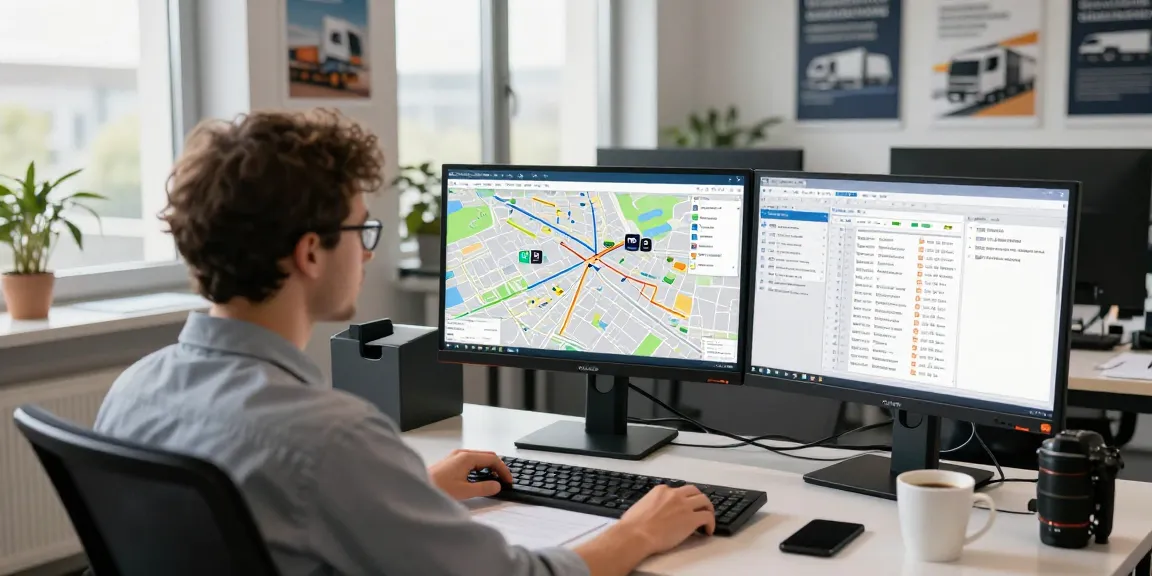 LKW Spedition in Dortmund: Ein Logistikexperte analysiert Transportwege am digitalen Schreibtisch.