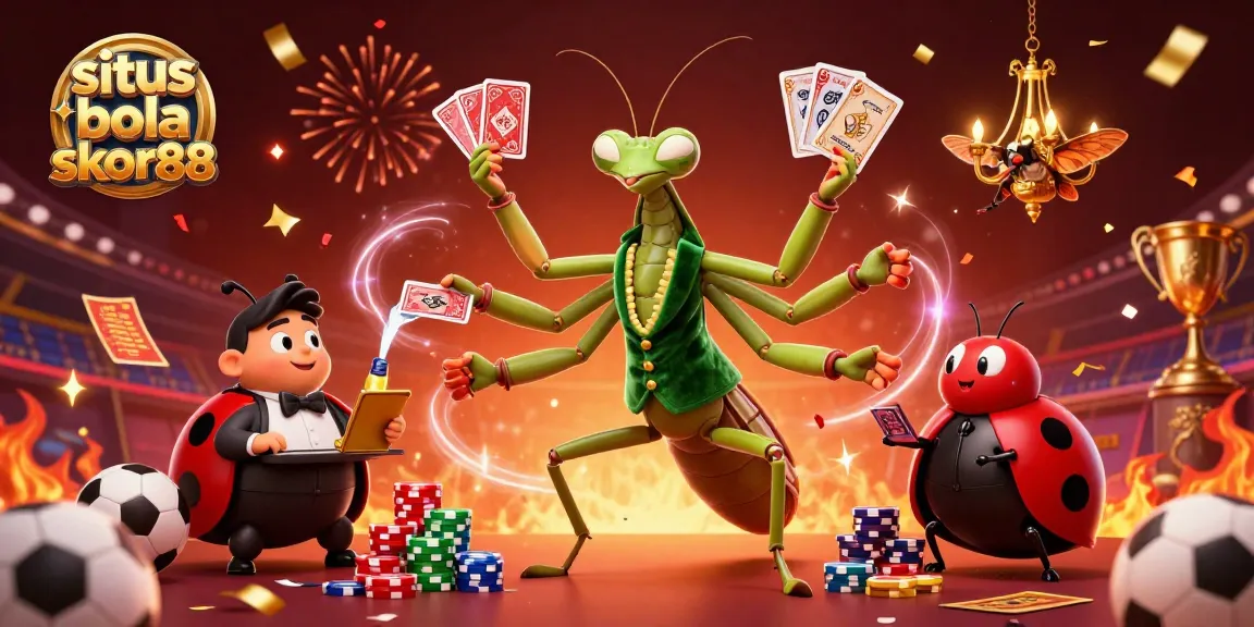 situs bola skor88 showcases a giant praying mantis dealer and ladybug pit boss managing vibrant sports betting action.